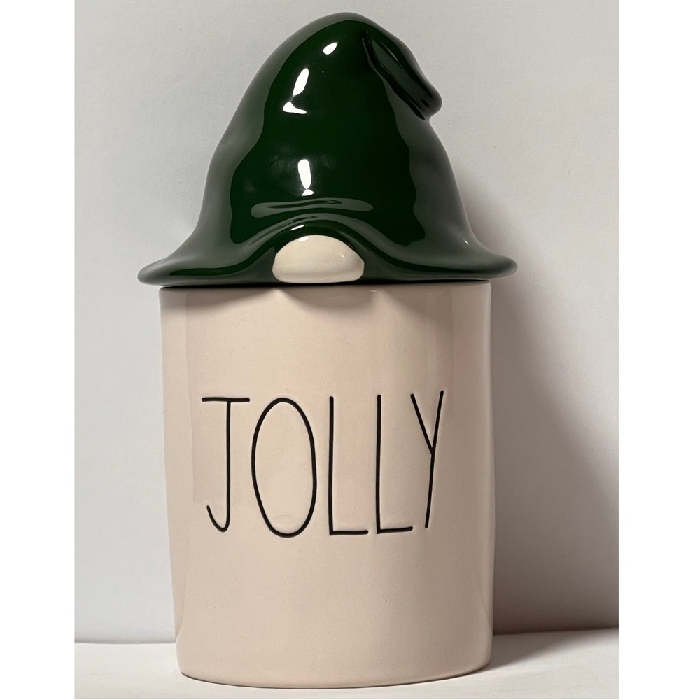 Rae Dunn Jolly Canister Holiday Green Gnome Hat Lid Cream Ceramic Farmhouse